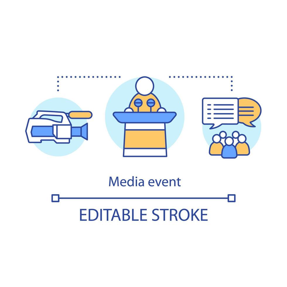 icône de concept d'événement médiatique. illustration de fine ligne d'idée d'organisation. tournage vidéo. agence événementielle. médias de masse. dernières nouvelles. dessin de contour isolé de vecteur. trait modifiable vecteur