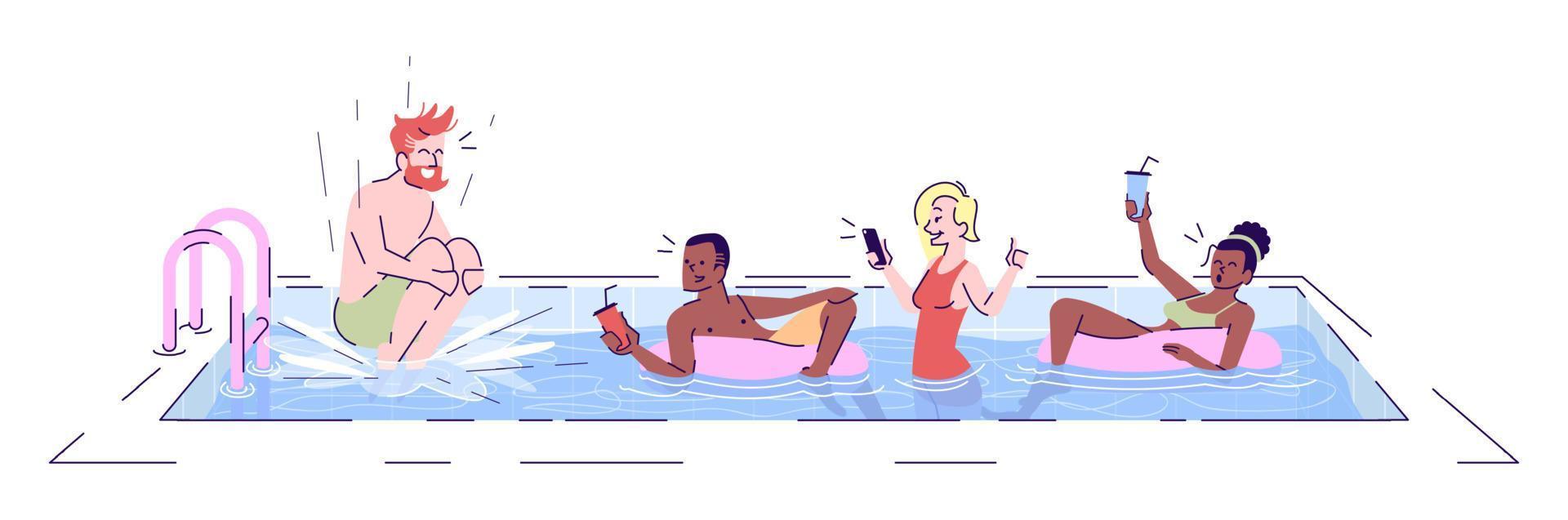 personnes en illustration vectorielle plane de piscine. amis s'amuser, sauter dans l'eau. les filles se détendent dans des anneaux de sécurité avec des cocktails, créant des personnages de dessins animés selfie avec des éléments de contour sur fond blanc vecteur