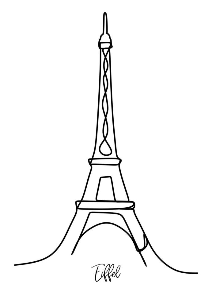 Dessin d'une seule ligne de l'affiche de décoration murale historique de la tour eiffel. lieu emblématique de paris, france. concept de carte postale de voeux de tourisme et de voyage. ligne continue moderne dessiner illustration vectorielle de conception vecteur