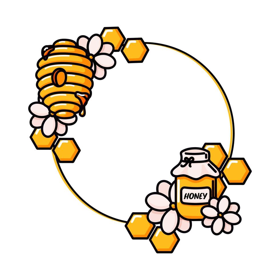 cercle de miel illustration vectorielle de cadre jaune et noir. modèle rond avec pot de miel d'abeille, fleurs, ruche, ruche et nids d'abeilles. art de dessin dessiné à la main de style doodle cartoon isolé vecteur