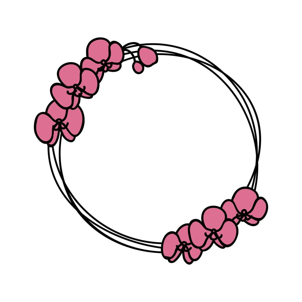 illustration vectorielle doodle de couronne stylisée avec des fleurs d'orchidées. cadre floral rond pour le texte vecteur