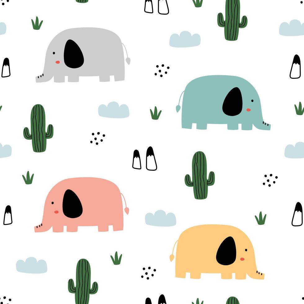 bébé modèle sans couture éléphant et cactus dessinés à la main arrière-plans d'animaux mignons de bande dessinée utilisés pour le tissu, les textiles, l'impression, les fonds d'écran, l'illustration vectorielle vecteur