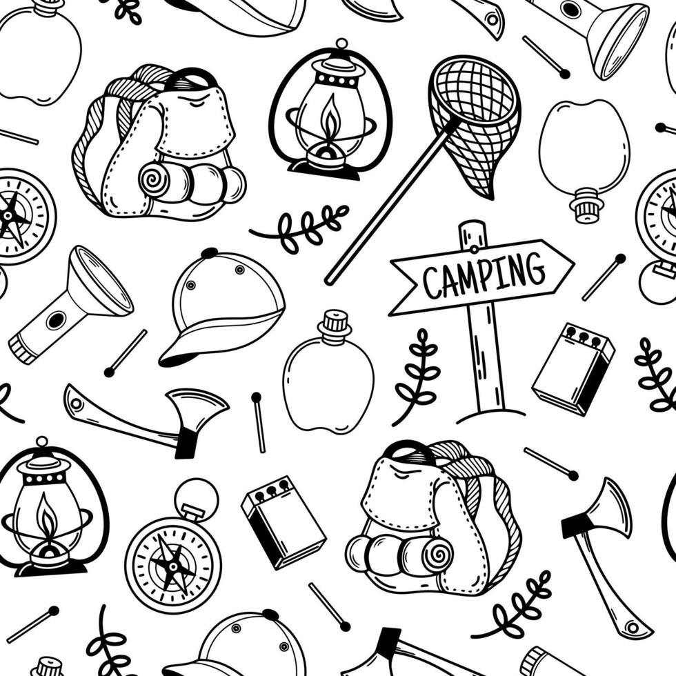 modèle vectorielle continue de camping. illustration dessinée à la main. éléments touristiques sac à dos, lampe de poche, allumettes, casquette, hache, boussole, filet à papillons, flacon. croquis d'équipement de randonnée. concept monochrome de la vie sauvage. vecteur