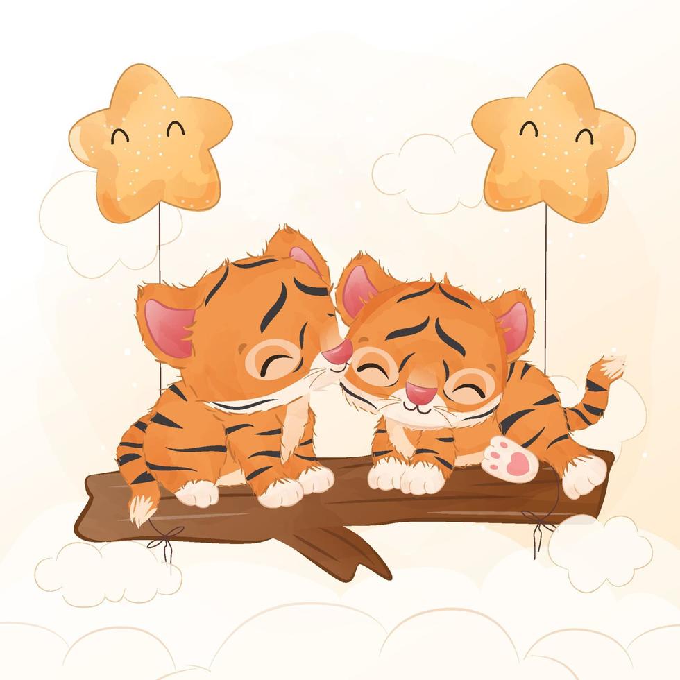 adorables petits tigres en illustration aquarelle vecteur