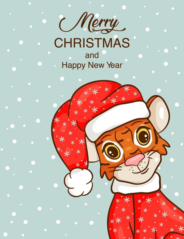 tigre de dessin animé mignon en bonnet de Noel. symbole de l'année selon le calendrier chinois. carte de Noël. illustration vectorielle vecteur