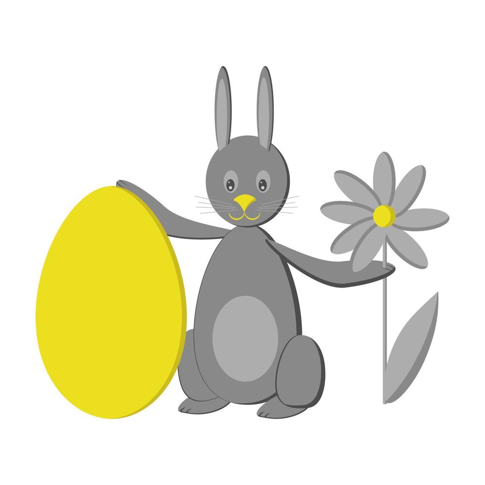 lapin de pâques avec oeuf de pâques et fleur dans les mains, illustration à plat dans des couleurs gris-jaune, chasse aux vacances vecteur