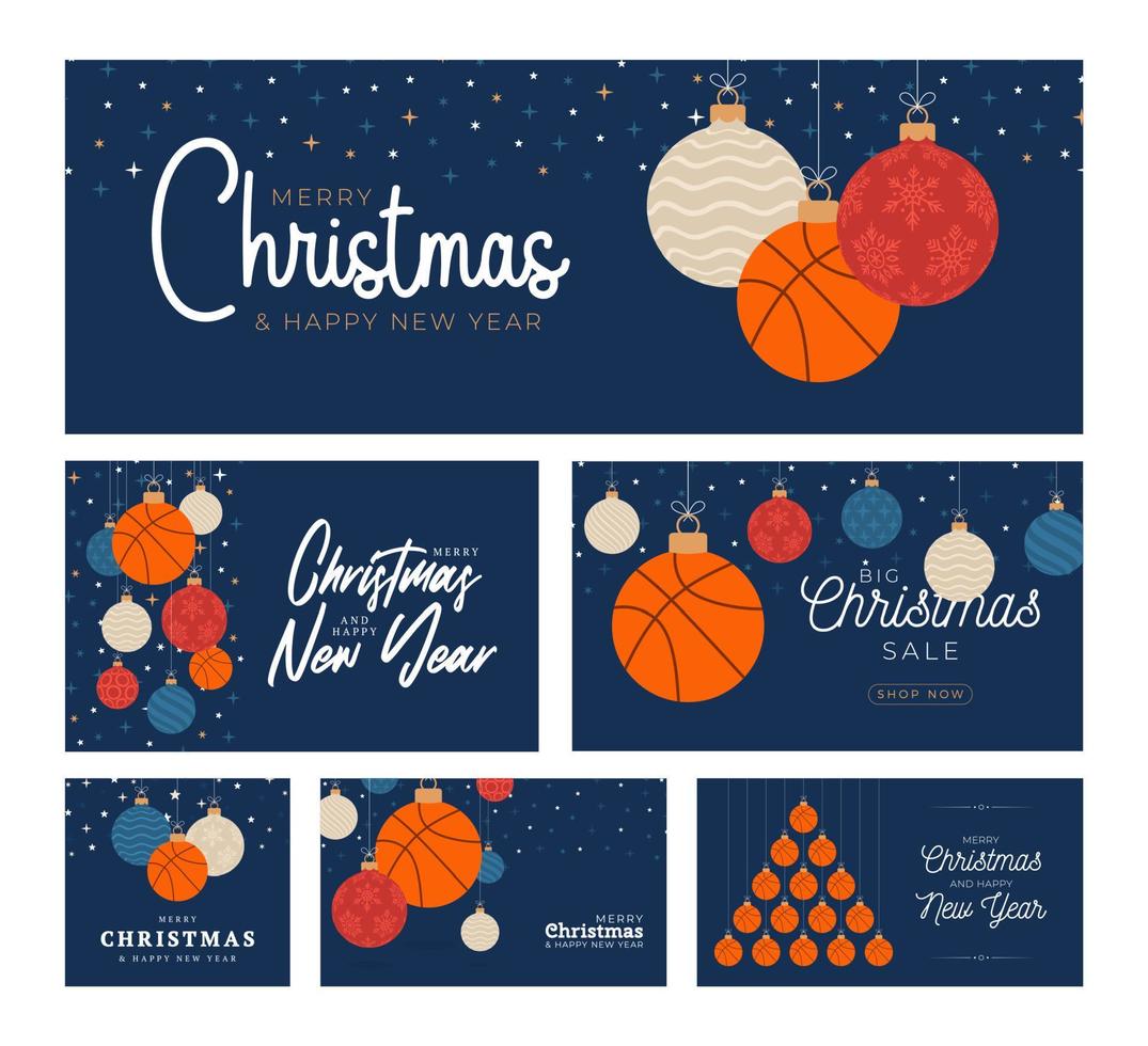 jeu de cartes de Noël de basket-ball. joyeux noël sport carte de voeux plat. accrocher à un ballon de basket-ball en fil comme boule de Noël et boule de couleur sur fond bleu. collection d'illustrations vectorielles sportives. vecteur