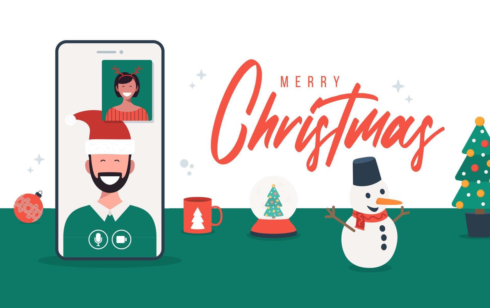 illustration de célébration de noël en ligne sur téléphone. joyeux noël nouveau concept normal avec conférence. un groupe de personnes en tenues d'hiver se rencontre en ligne par vidéoconférence. vecteur