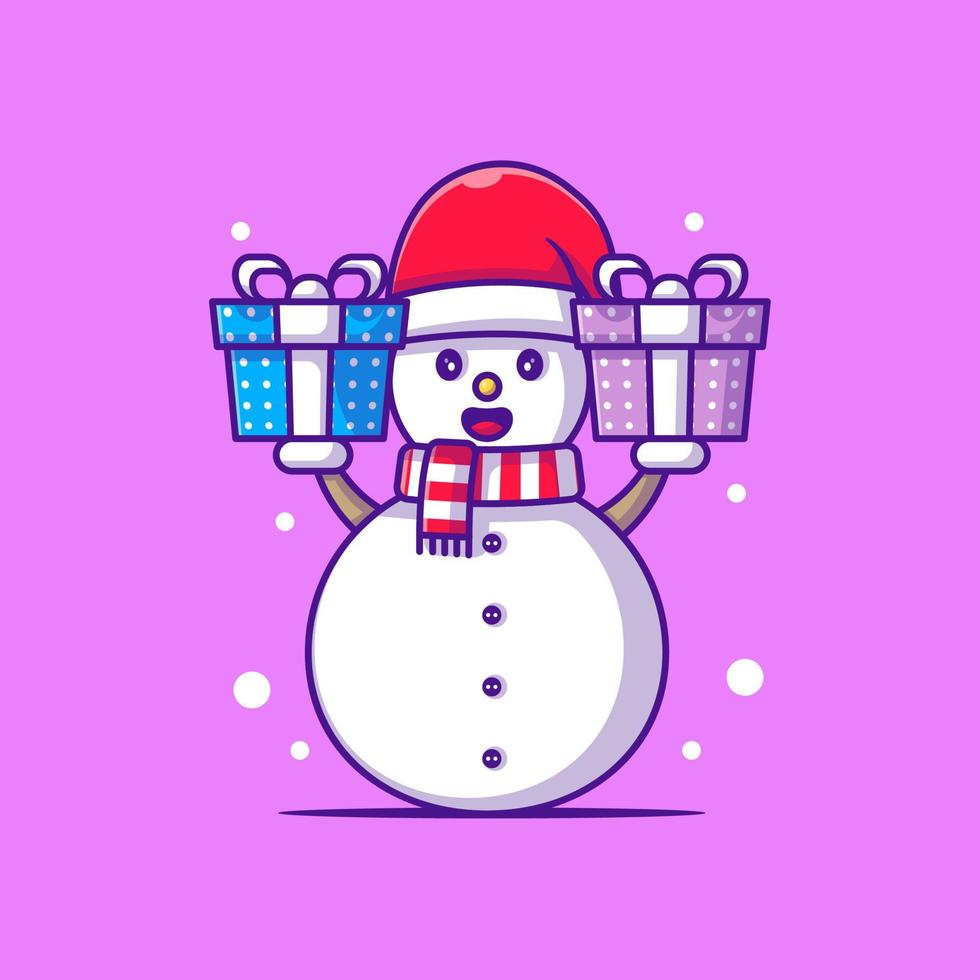 illustration mignonne de bonhomme de neige avec le cadeau de Noël. joyeux Noël vecteur