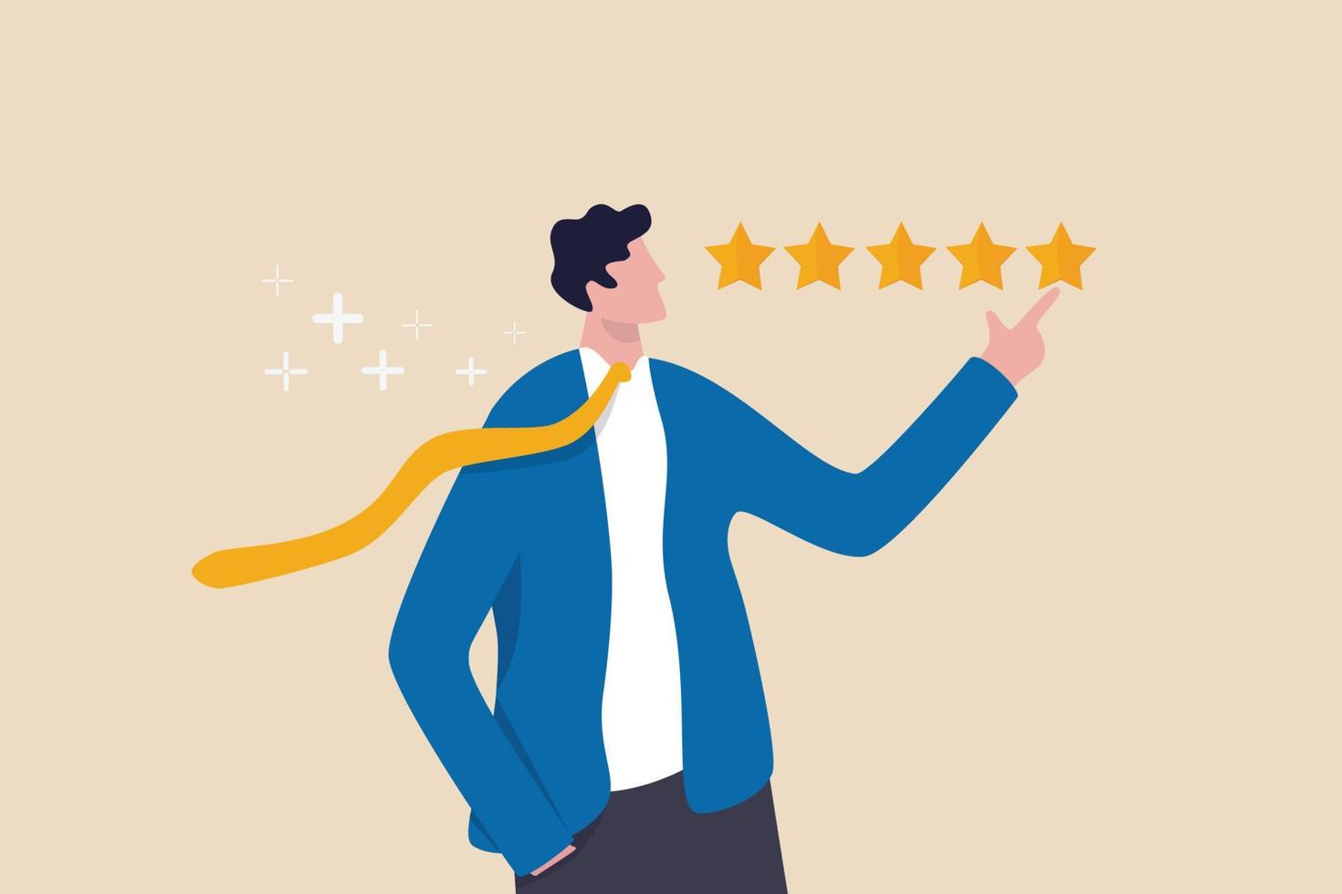 Commentaires des clients Note 5 étoiles, meilleure qualité, évaluation de haute performance d'excellence, classement positif ou concept de réputation et de satisfaction de l'entreprise, homme d'affaires confiant donnant une note de 5 étoiles. vecteur