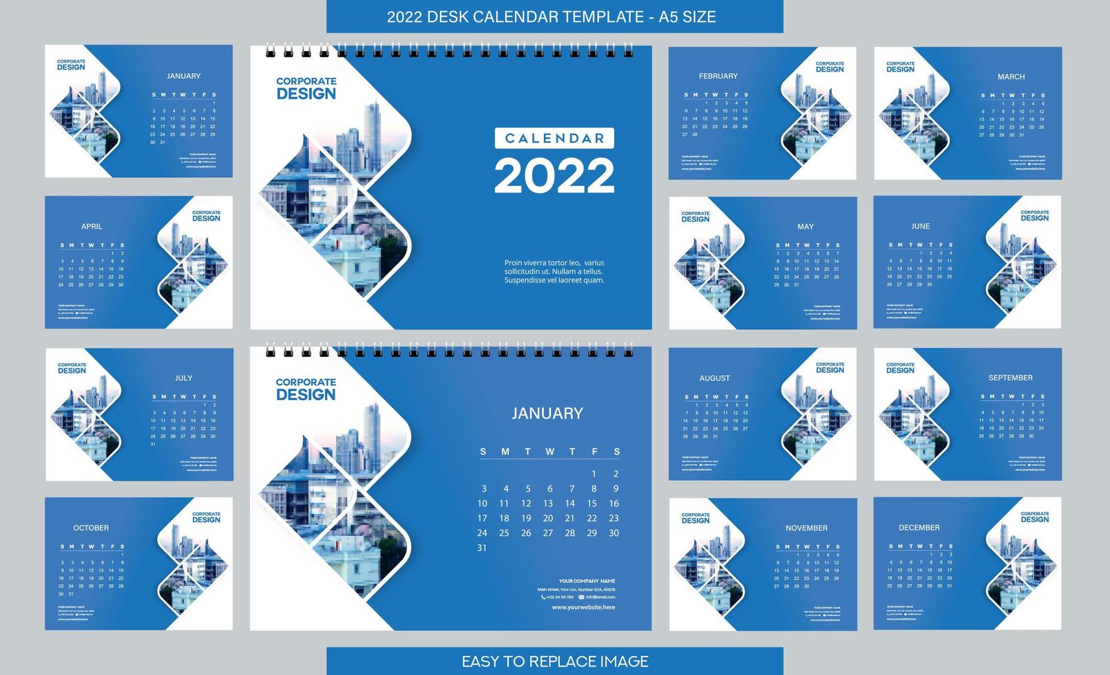 modèle de calendrier de bureau 2022 - 12 mois inclus - format a5 vecteur