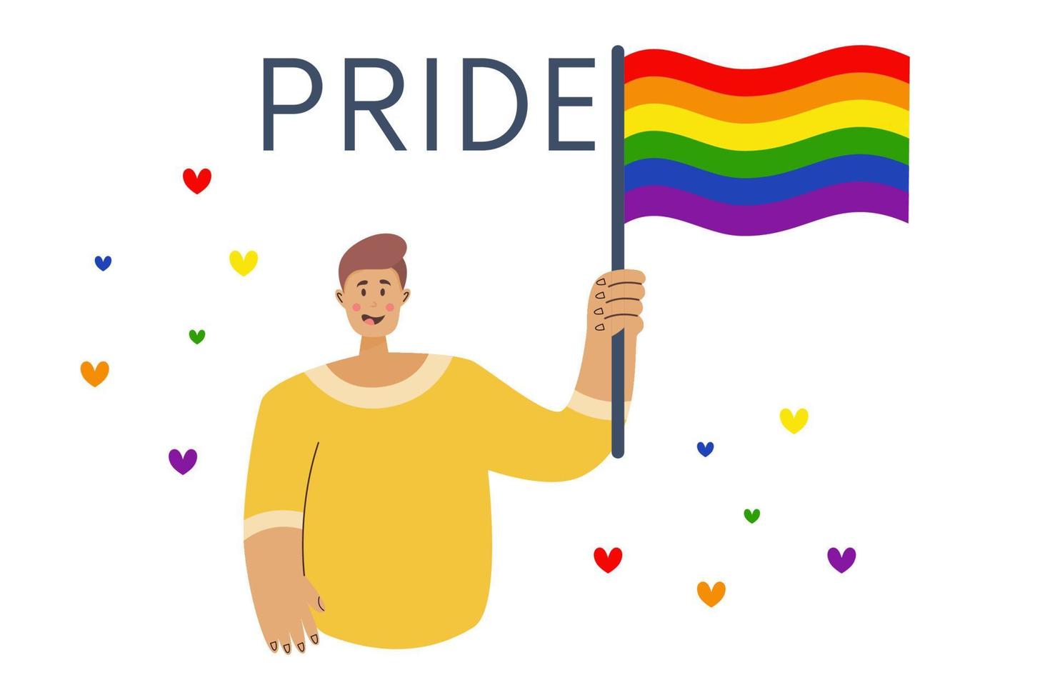 mois de défilé. l'homme tient un drapeau aux couleurs lgbt. illustration vectorielle plane. lesbienne gay bisexuelle transgenre au défilé. diversité des concepts. vecteur