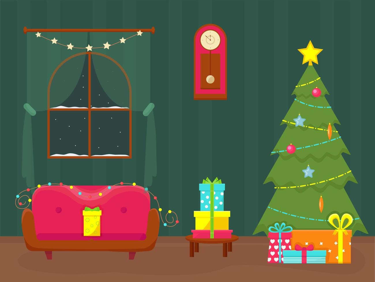 le salon est décoré pour le nouvel an avec un arbre, des cadeaux, des guirlandes. intérieur de maison festif. vecteur