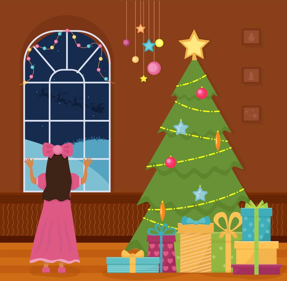 fille d'intérieur de la salle de noël à côté de la fenêtre, voyant le père Noël. arbre de noël avec des cadeaux. célébrer le nouvel an et noël. vecteur
