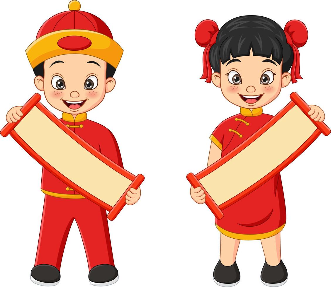 enfants chinois de dessin animé tenant une pancarte blanche vecteur
