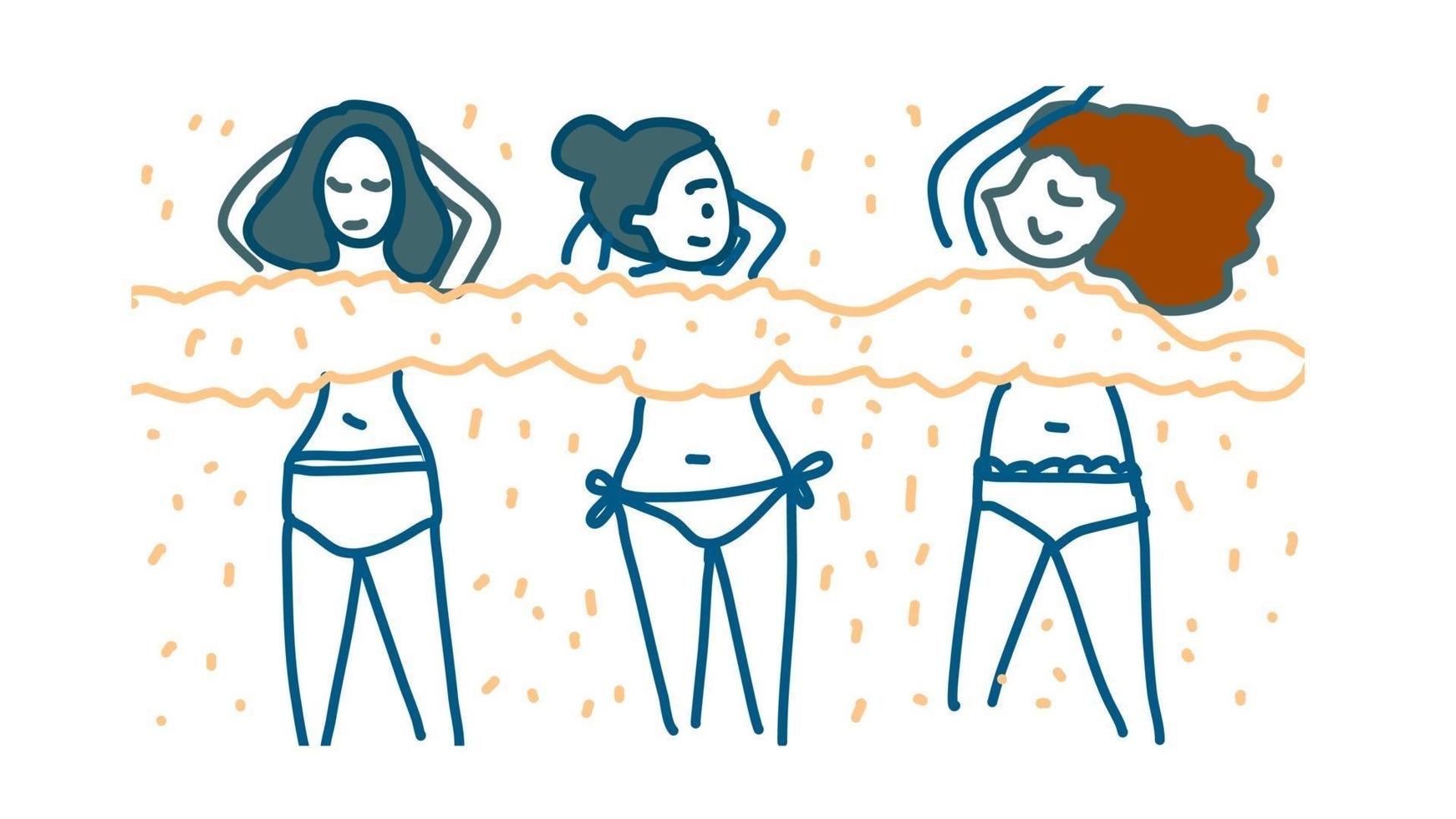 3 jolies filles seins nus sur la plage vecteur de dessin animé dessiné à la main