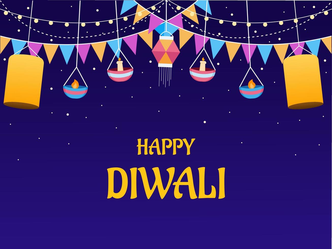 illustration heureuse de diwali avec une lanterne lumineuse suspendue, une lampe et un drapeau coloré. convient pour carte de voeux, invitation, affiche, bannière, médias sociaux, web, carte postale. vecteur
