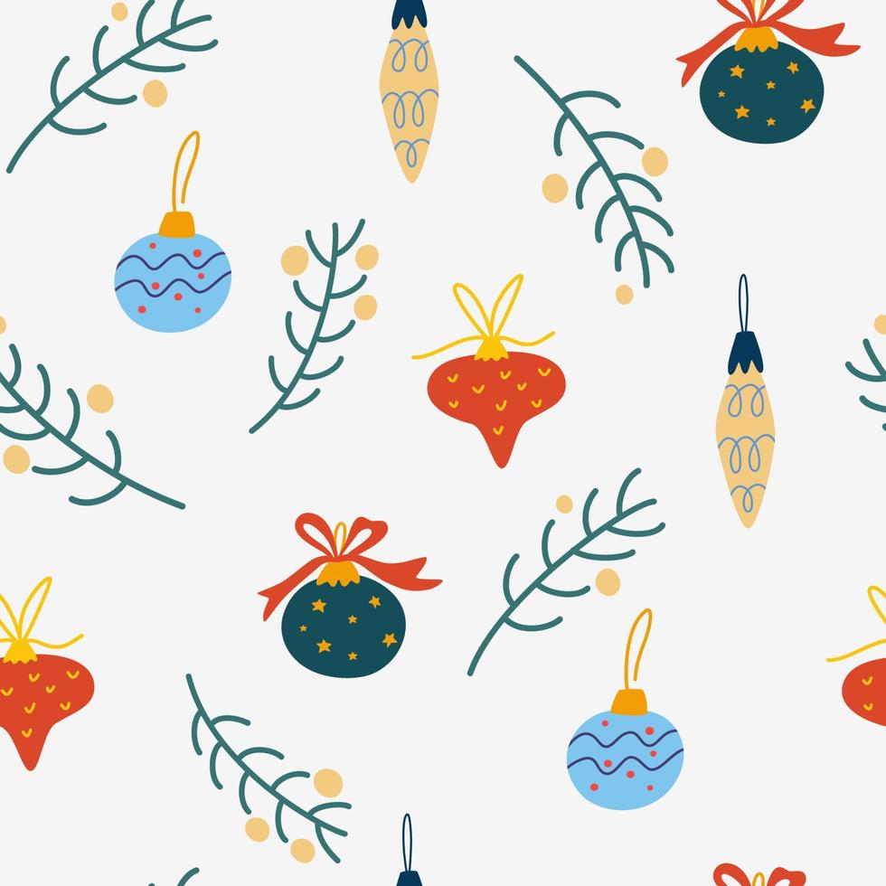 jouets d'arbre de noël, boules et brindilles modèle sans couture. fond d'hiver, papier peint pour enfants pour tissu, textile, vêtements, papier, scrapbooking, planificateur. symbole traditionnel du nouvel an. illustration vectorielle. vecteur