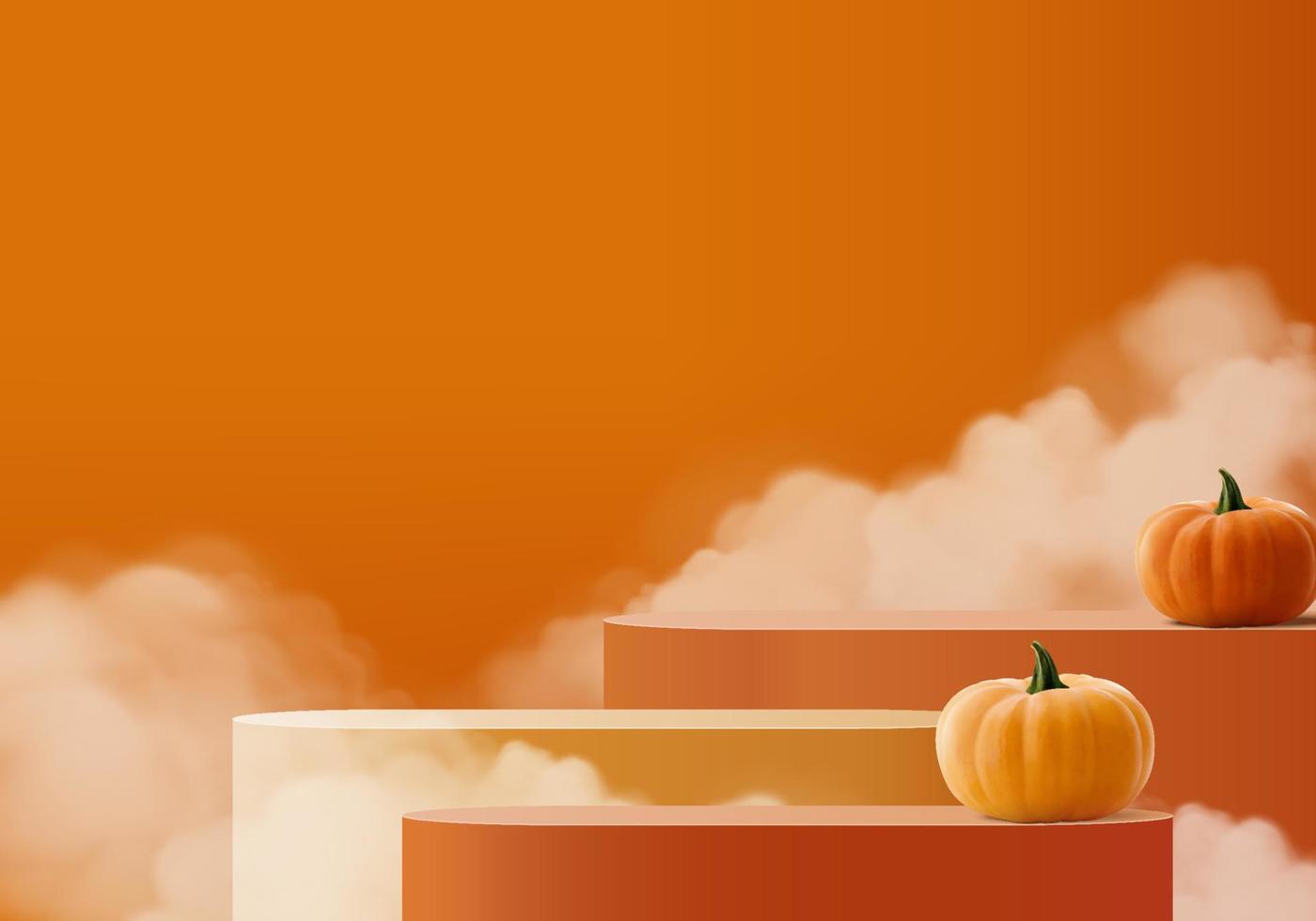 scène minimale d'halloween 3d avec plate-forme de fumée et de podium. vecteur de fond halloween rendu 3d avec podium citrouille. stand pour montrer les produits. vitrine de scène sur socle pastel citrouille orange moderne