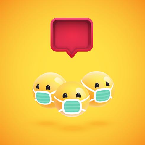 Groupe d&#39;émoticônes jaunes détaillées avec une bulle de dialogue 3D, illustration vectorielle vecteur