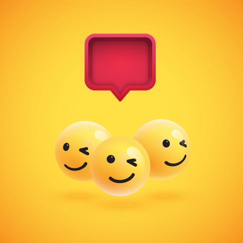 Groupe d&#39;émoticônes jaunes détaillées avec une bulle de dialogue 3D, illustration vectorielle vecteur