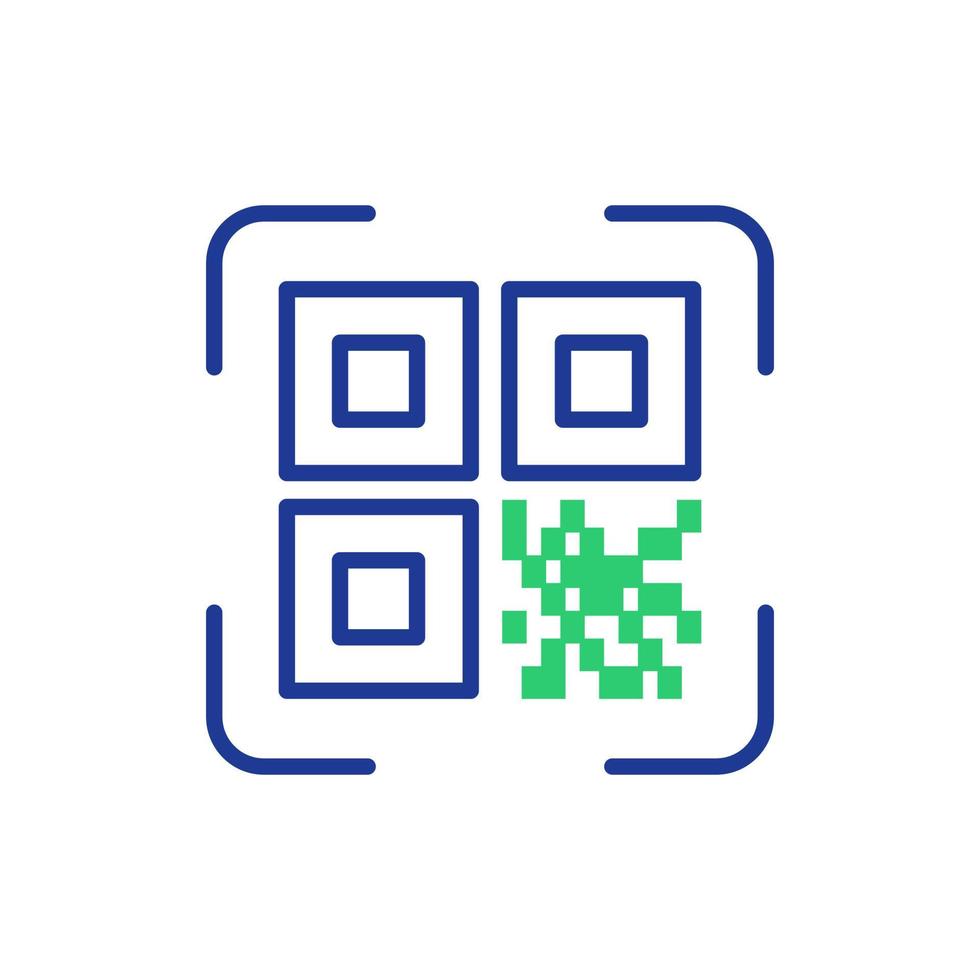 balayage de code qr. concept d'application de lecteur de code qr. reconnaissance d'icônes ou lecture de code qr dans un style plat. icône de ligne d'application de scanner vert et bleu. illustration vectorielle vecteur