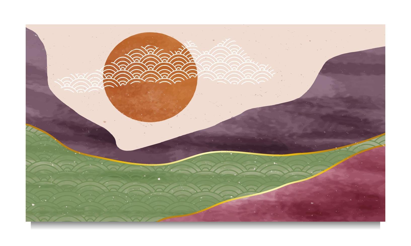 impression d'art minimaliste moderne du milieu du siècle. arrière-plans esthétiques contemporains abstraits paysages avec soleil, lune, mer, forêt, montagnes. illustrations vectorielles vecteur