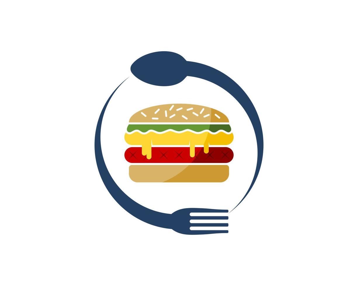 fourchette et cuillère circulaires avec un délicieux hamburger à l'intérieur vecteur