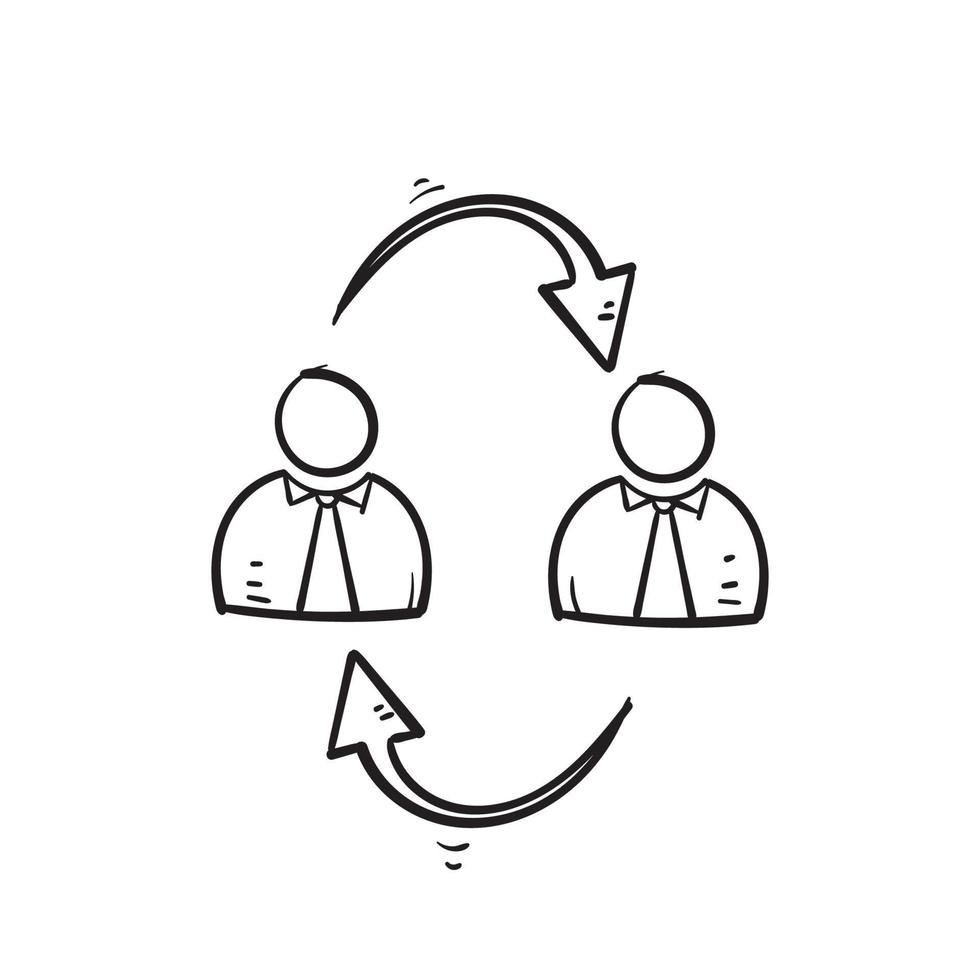 personnes doodle dessinés à la main et symbole d'illustration de flèche de cycle pour l'icône de changement ou de rotation du personnel vecteur