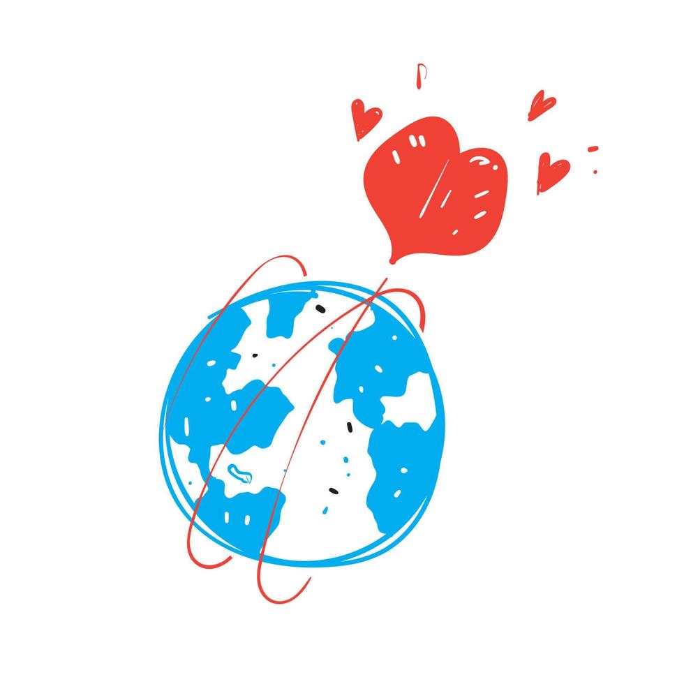 amour doodle dessiné à la main volant autour de l'icône d'illustration de globe isolé vecteur