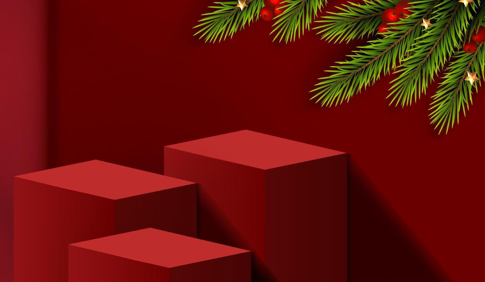 joyeux noël est la forme du podium géométrique pour l'affichage des produits cosmétiques. piédestal ou plate-forme de scène. fond rouge de Noël d'hiver avec arbre de Noël pour le produit de promotion. conception de vecteur
