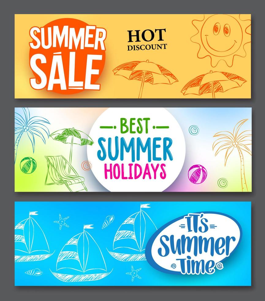 vente d'été et vacances d'été vecteur conceptions de bannières web sertie d'arrière-plans colorés