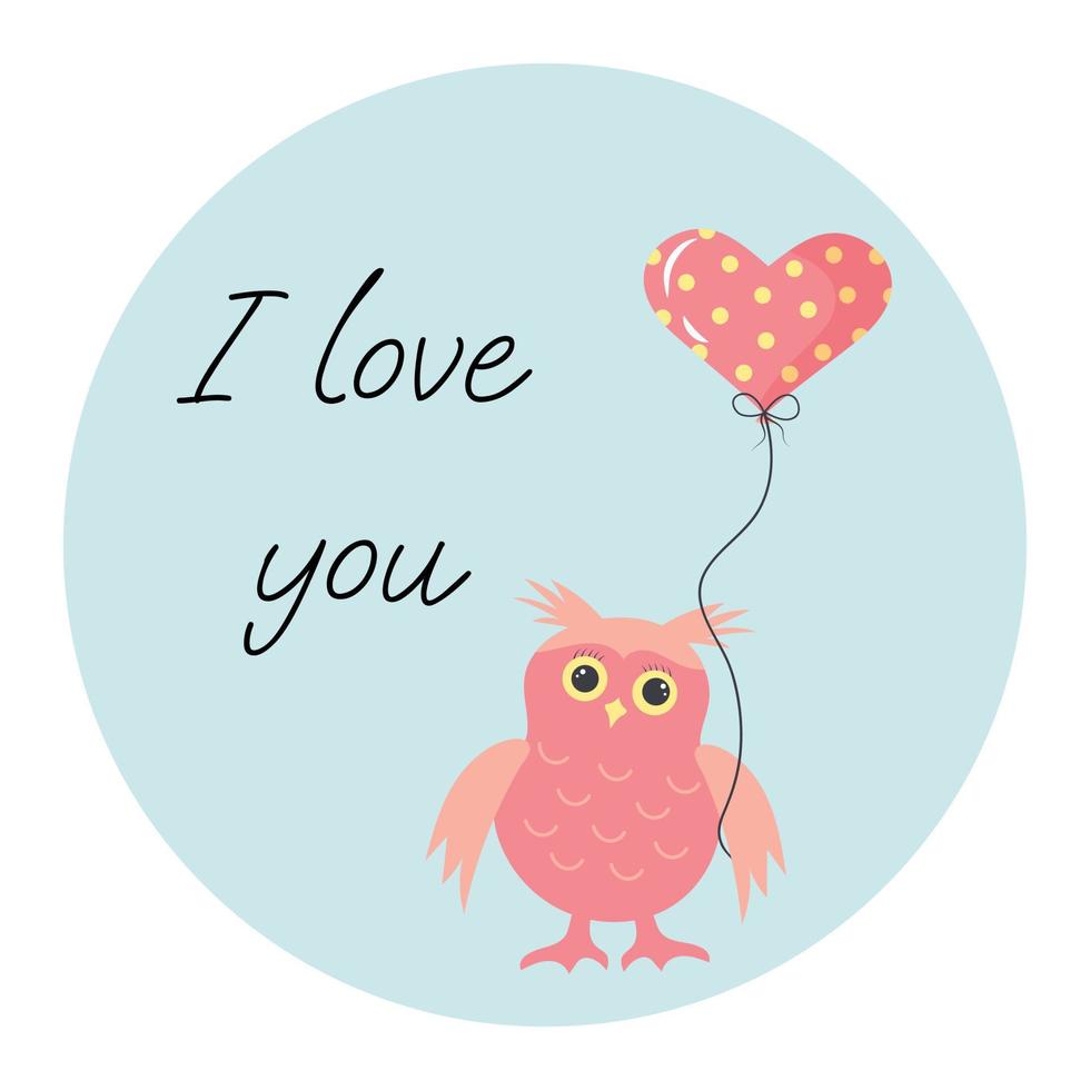 mignon bébé hibou rose avec ballon coeur. je t'aime texte. vecteur