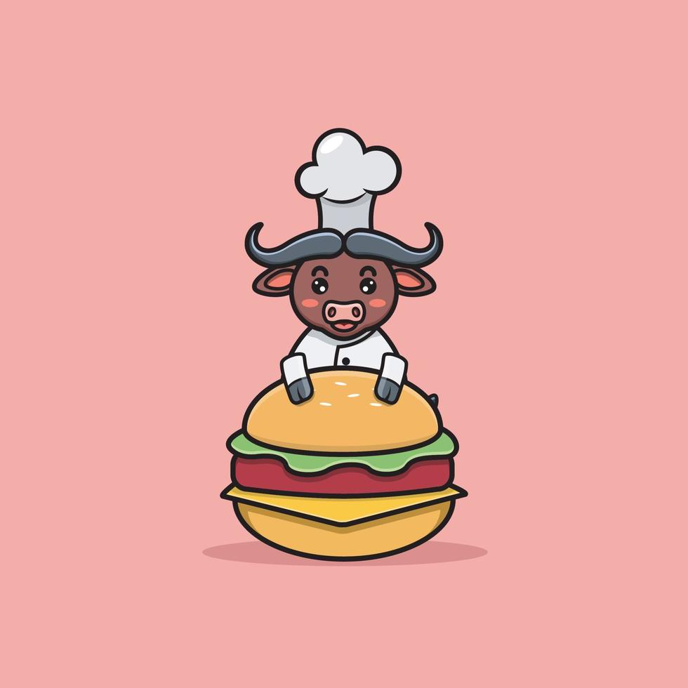 buffle mignon avec costume de chef et hamburger. vecteur