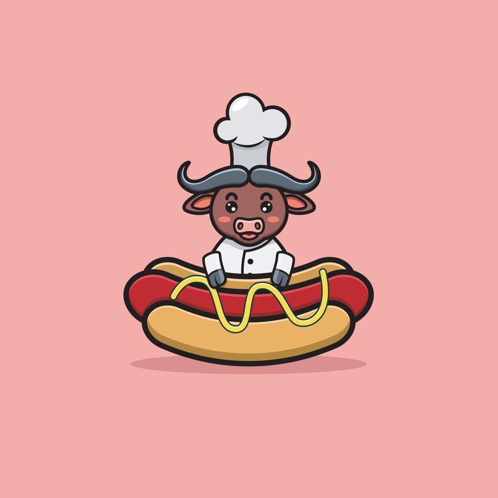 buffle mignon avec costume de chef et hot-dog. vecteur