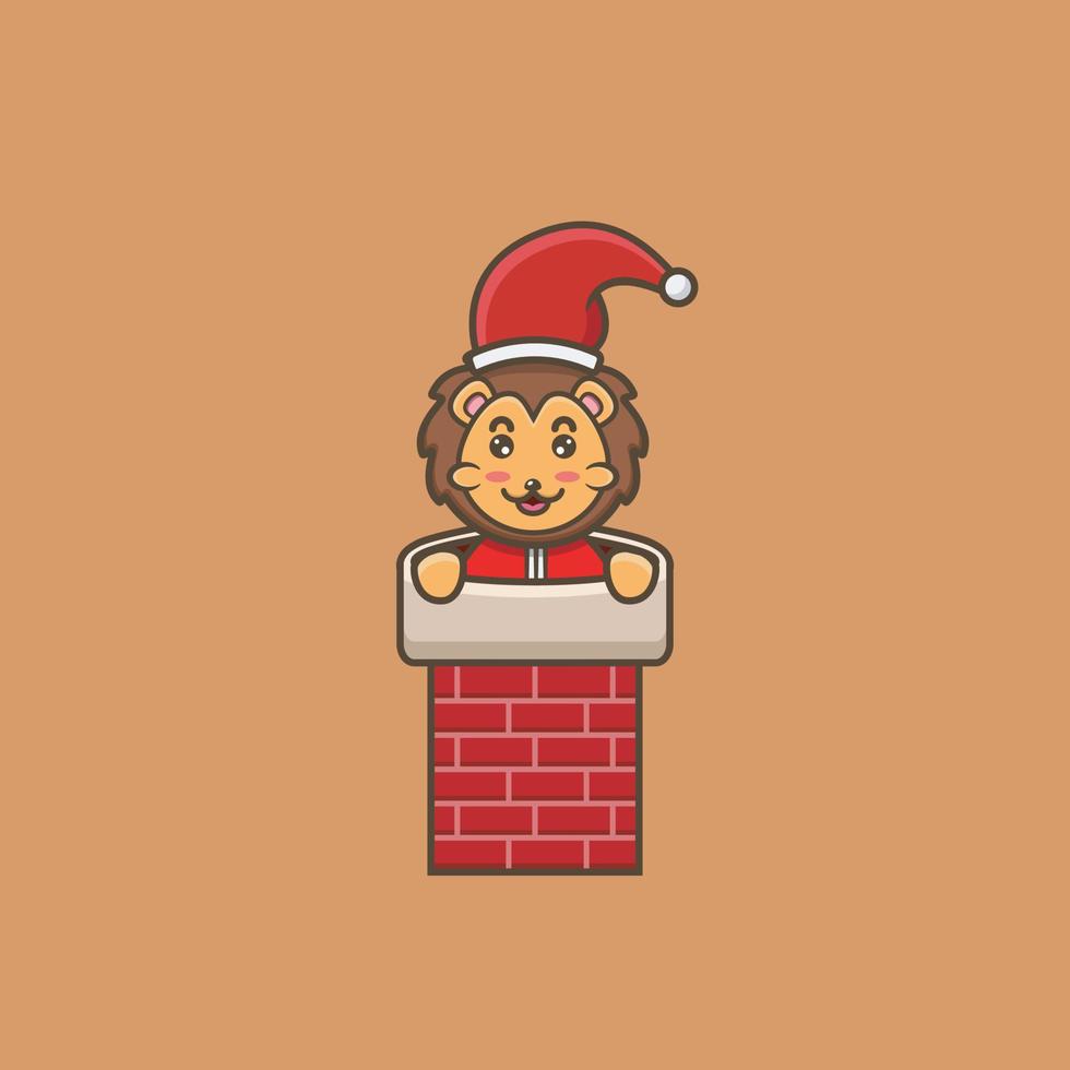 mignon bébé lion avec Noël sur la cheminée de la maison. personnage, mascotte, icône, logo, dessin animé et design mignon. vecteur