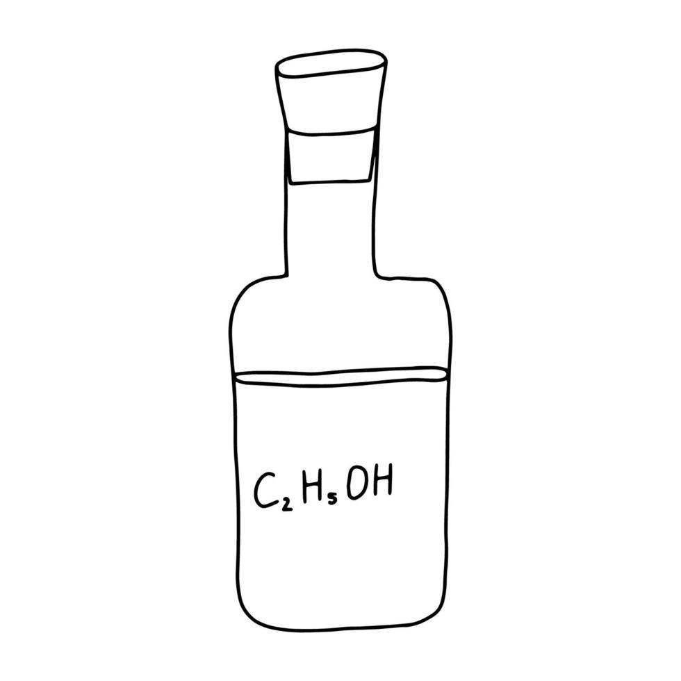 une bouteille avec un bouchon en liège avec une formule d'alcool dessinée dans le style doodle .image en noir et blanc isolée sur fond blanc.antiseptique pour les virus et les bactéries.alcohol.vector illustration vecteur