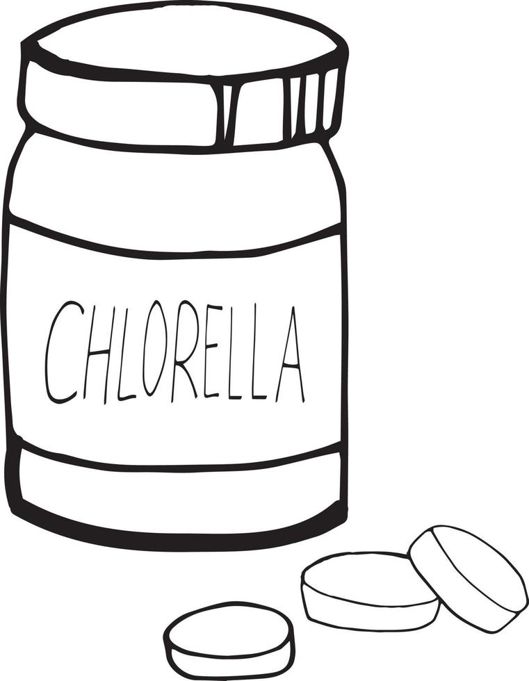 bouteille de pot et pilules de chlorella dessinées à la main dans un style doodle. élément unique pour la conception de super aliments, algues, pharmacie, médecine vecteur