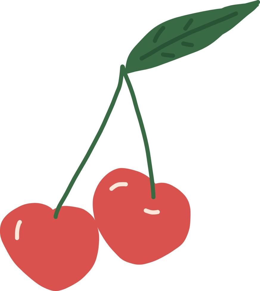 cerise et laisser l'icône. dessiné à la main, minimalisme. baie, fruit rouge juteux sucré d'été, paire vecteur