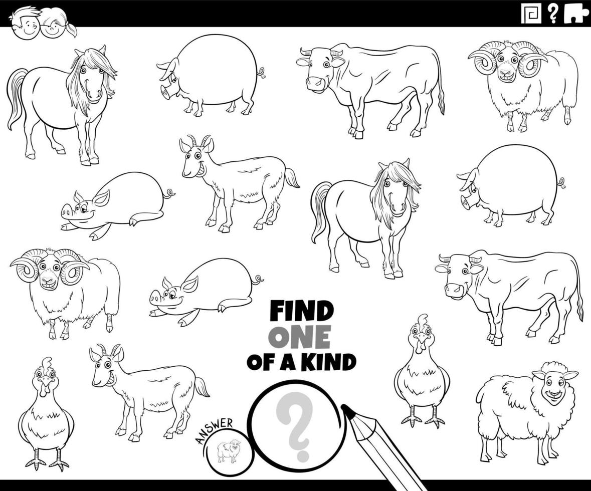 Une tâche unique avec une page de livre de coloriage d'animaux de ferme amusants vecteur