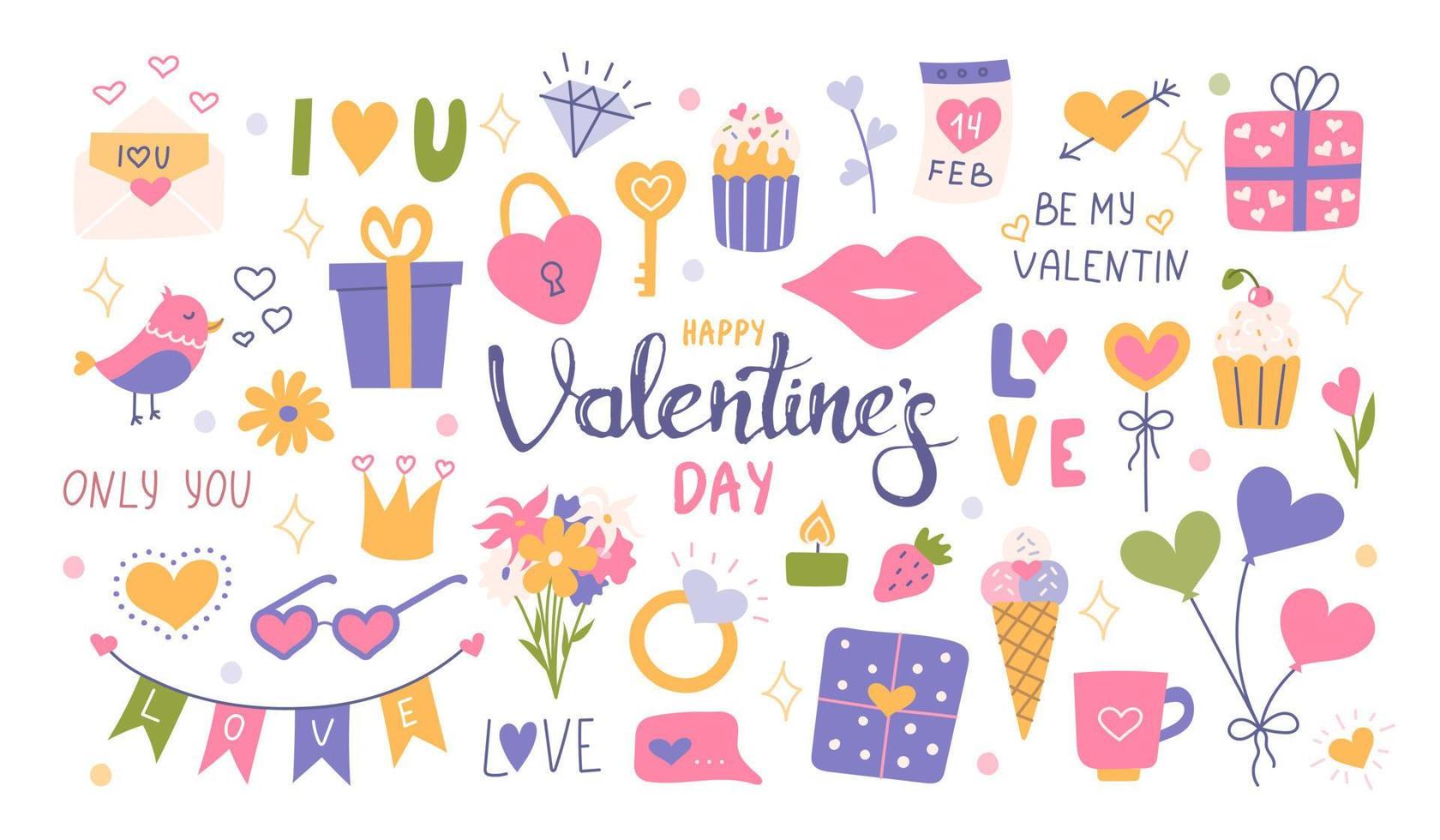 grand ensemble saint valentin avec éléments décoratifs, symboles d'amour, phrases. illustration vectorielle à plat pour autocollants, cartes postales vecteur