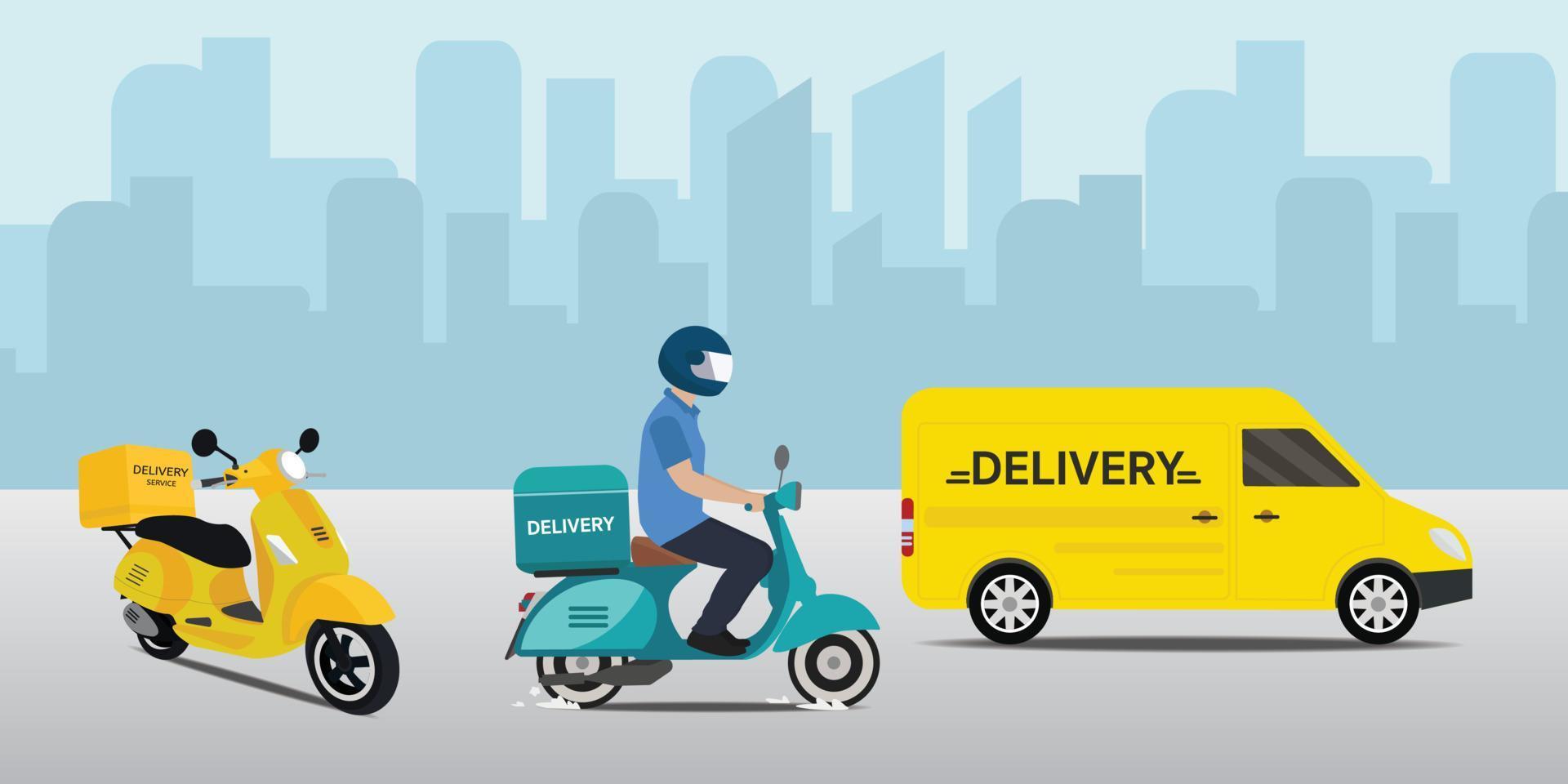 concept de service de livraison en ligne, camionnette de livraison rapide et illustration de scooters.vector vecteur