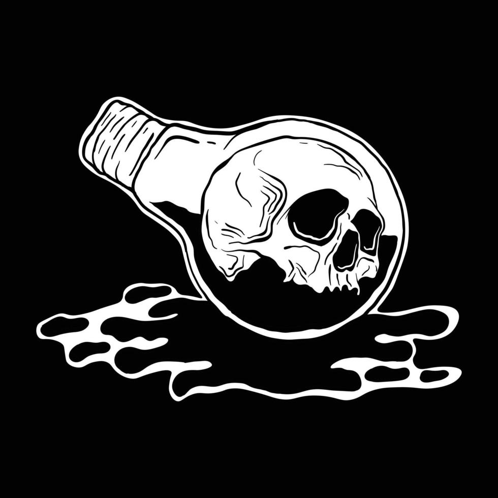 crâne dans la lampe, dessinés à la main en noir et blanc vecteur