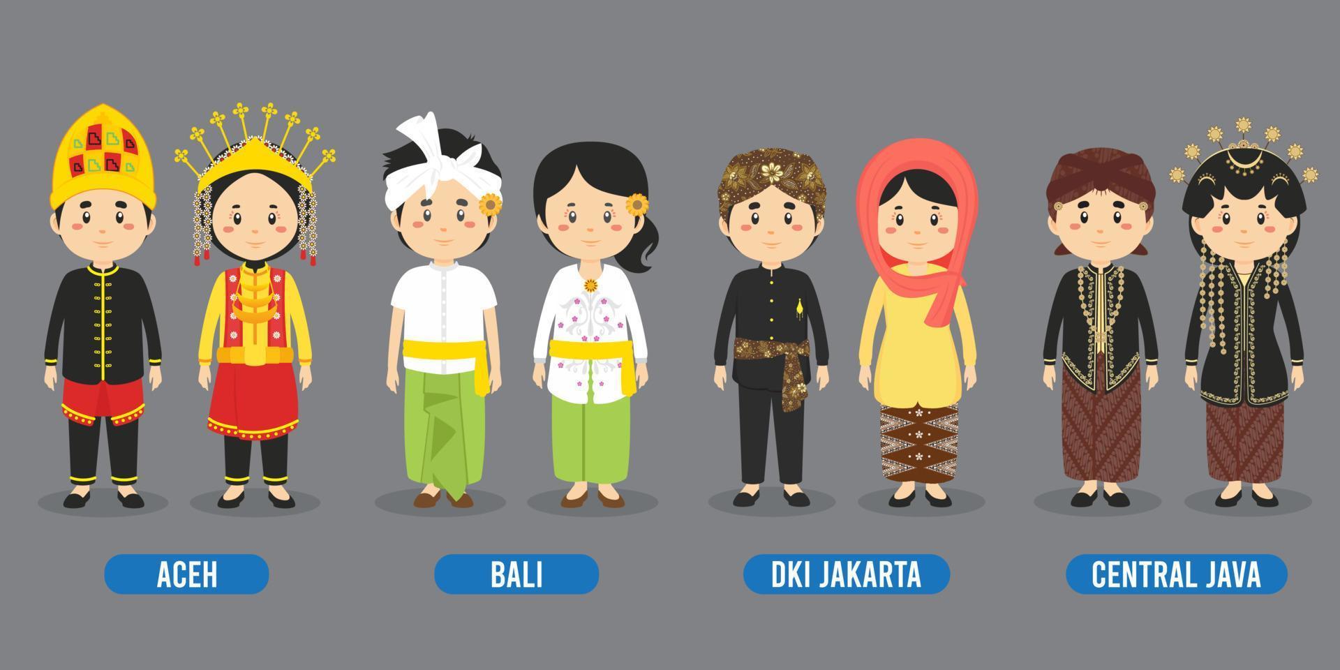 personnage dans différents costumes traditionnels indonésiens vecteur