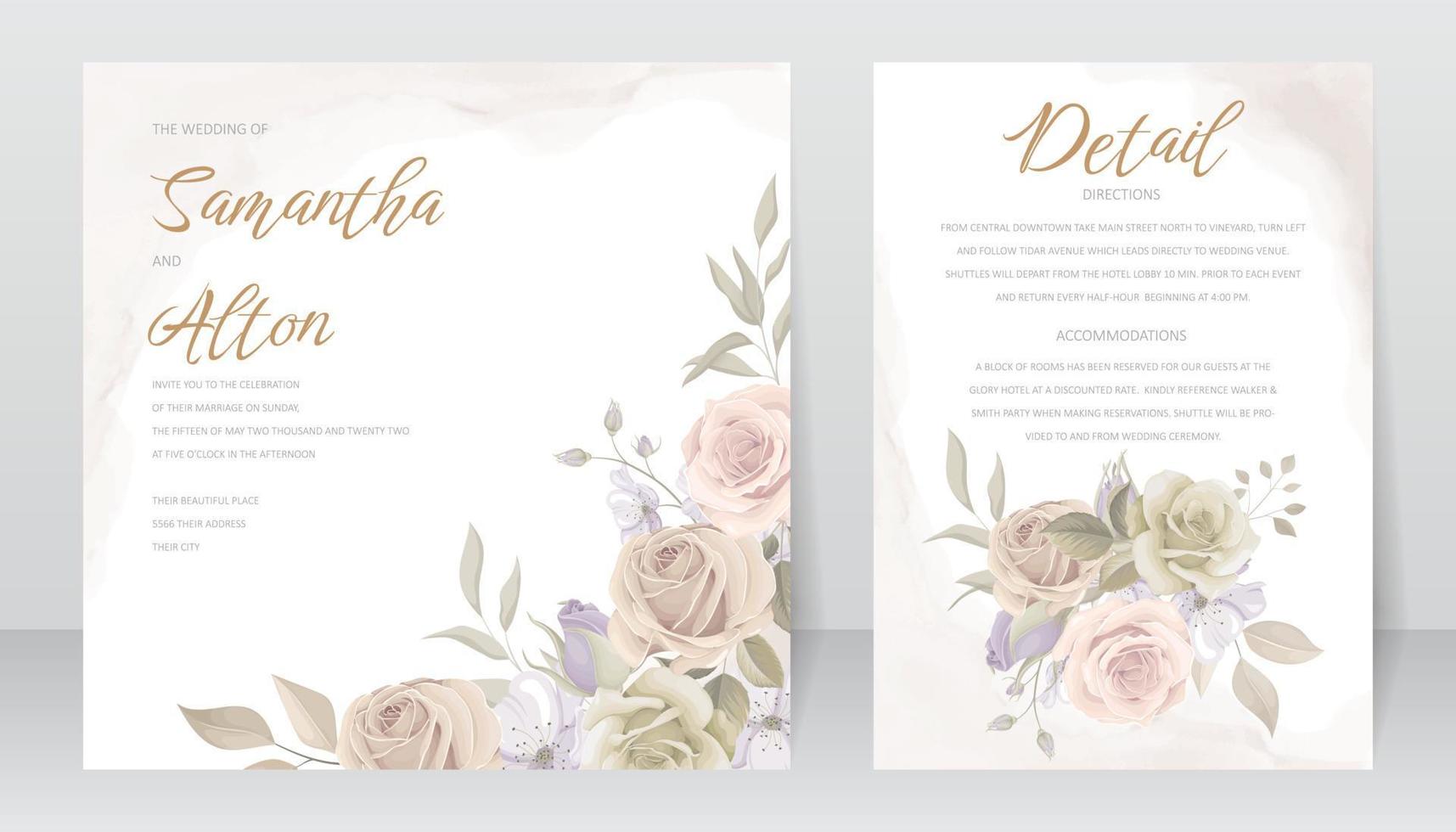 modèle d'invitation de mariage avec décoration florale et feuilles vecteur