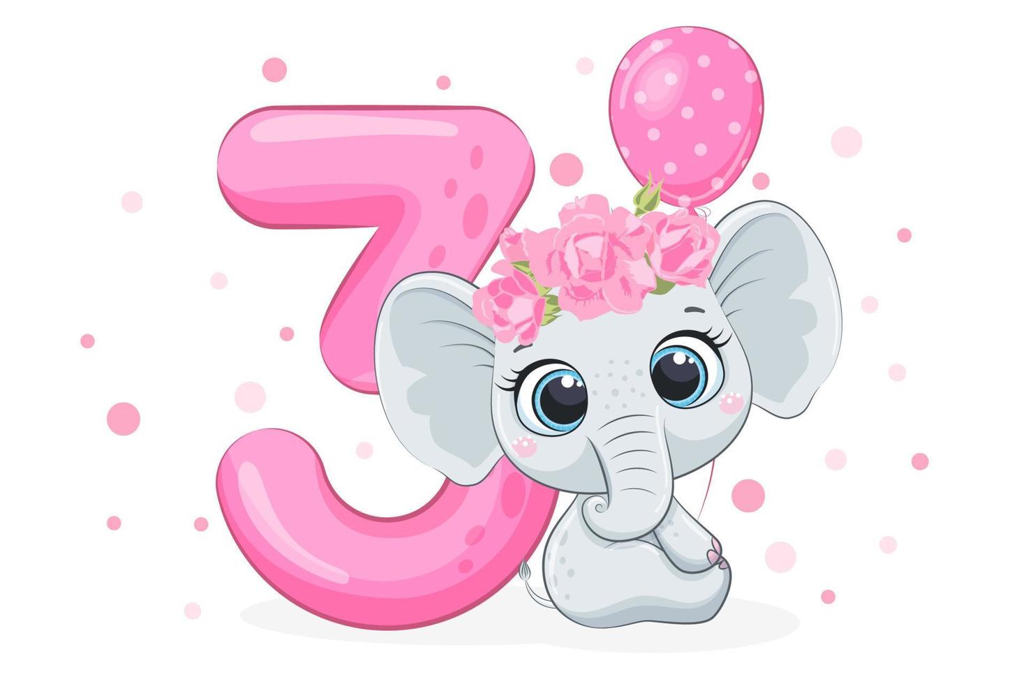 illustration de dessin animé - joyeux anniversaire, 3 ans, une jolie petite fille éléphant. illustration vectorielle. vecteur