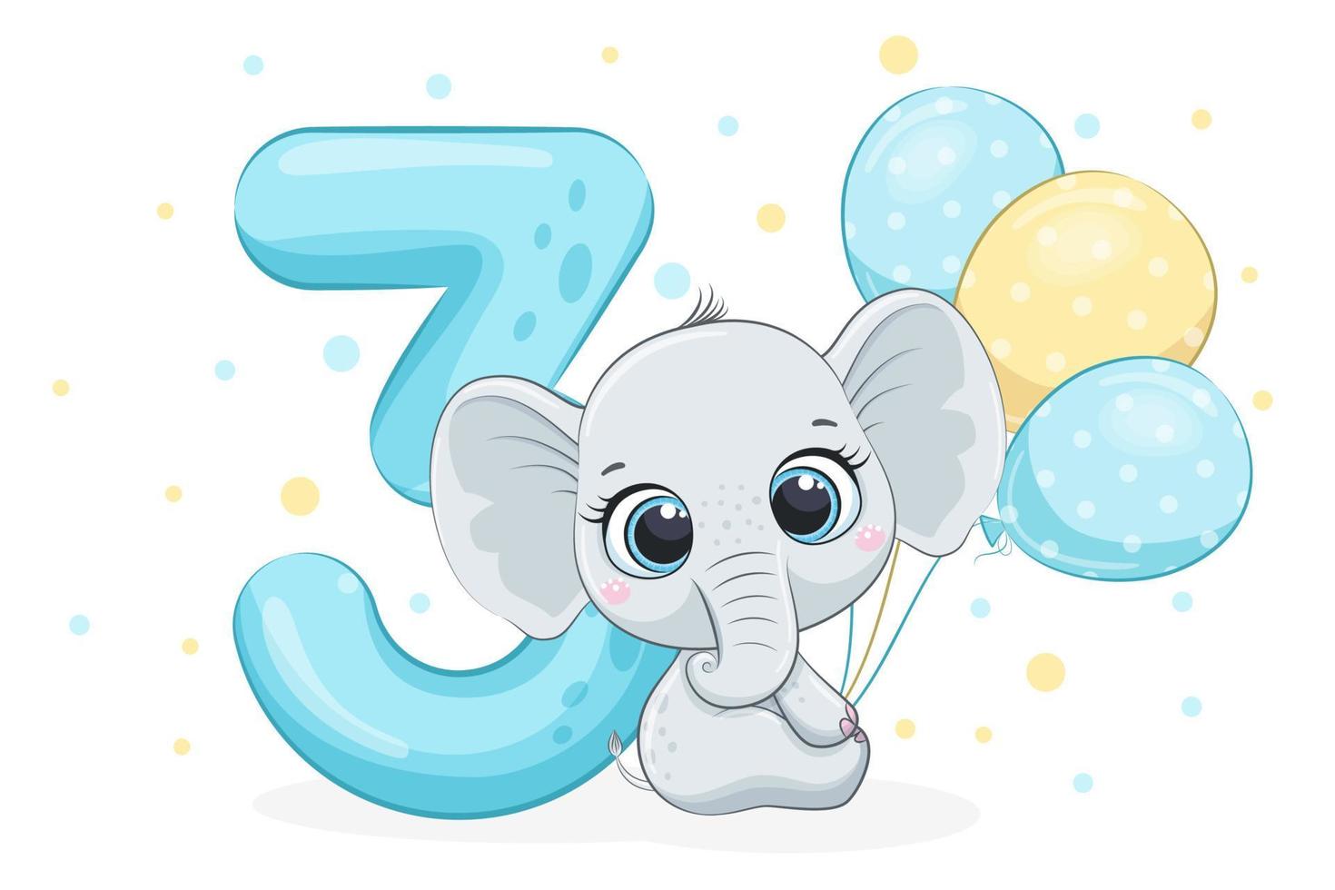 illustration de dessin animé - joyeux anniversaire, 3 ans, mignon bébé éléphant. illustration vectorielle. vecteur