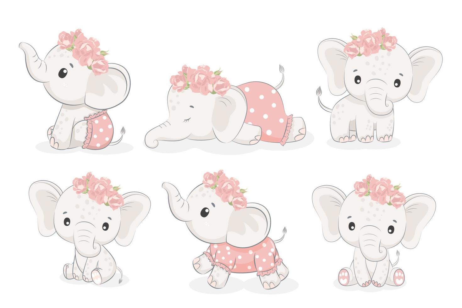 un ensemble de 6 jolies filles éléphants. illustration vectorielle d'un dessin animé. vecteur