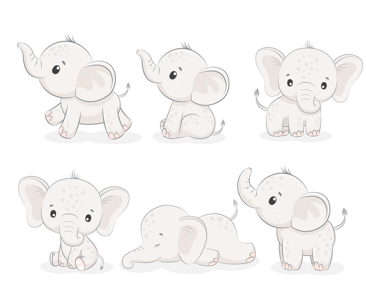 un ensemble de 6 éléphants mignons. illustration vectorielle d'un dessin animé. vecteur