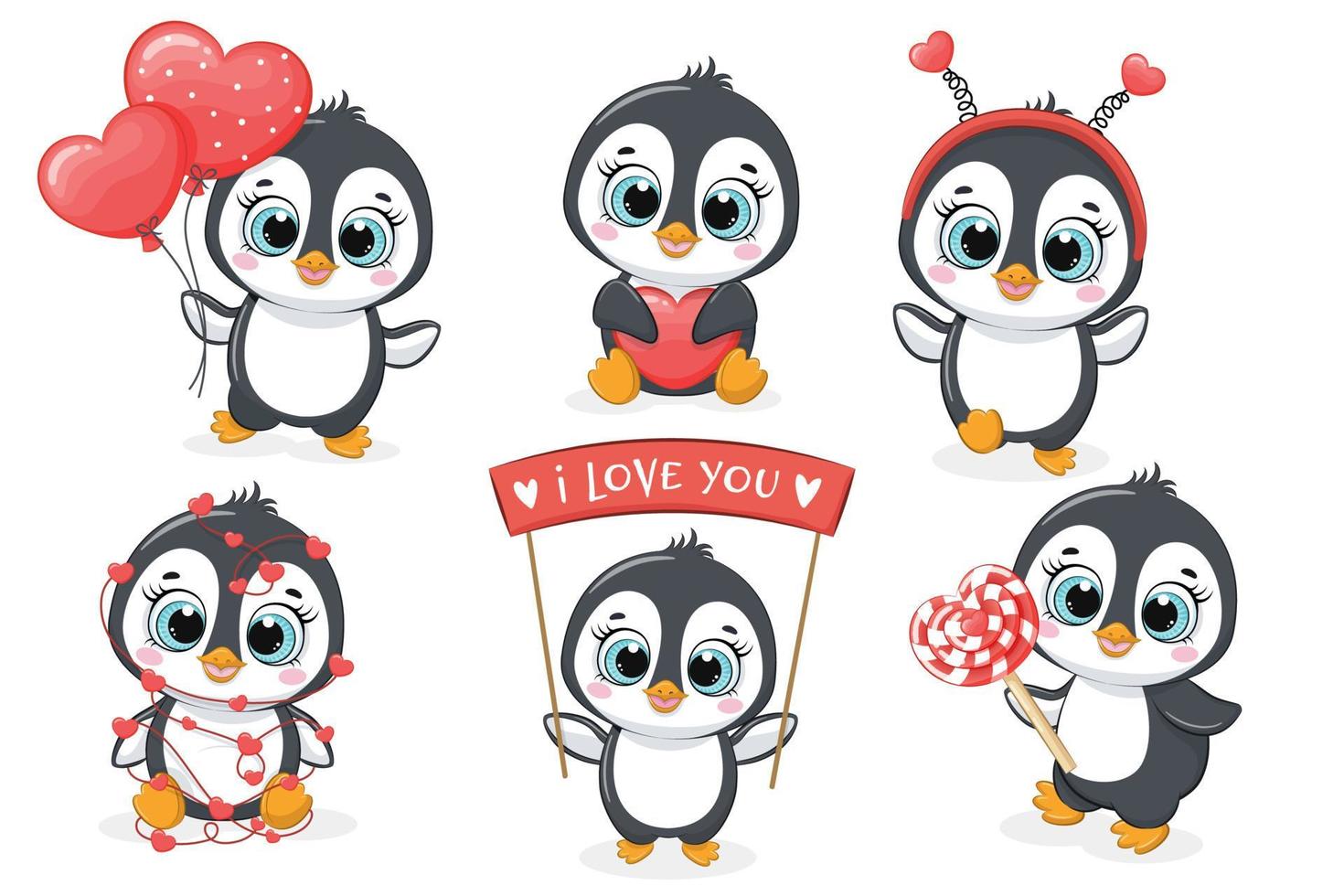 une collection de six pingouins mignons - je t'aime. illustration vectorielle d'un dessin animé. vecteur